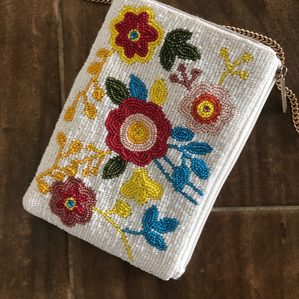 Jane Marie Beaded Floral Crossbody Bag White Gold Chain Strap Small Pouch Boho - Picture 4 of 11